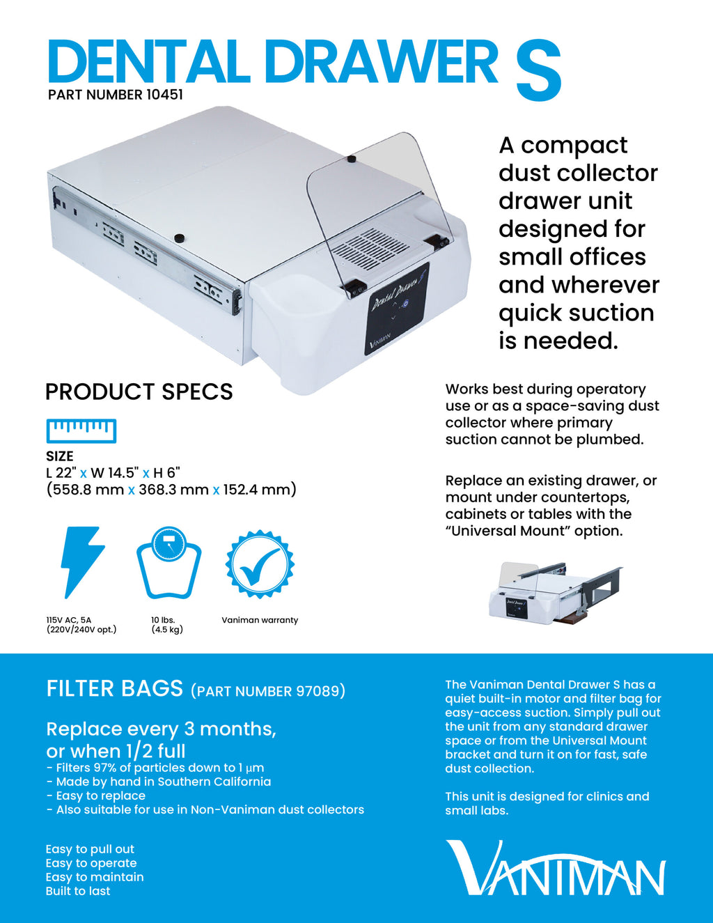 [Vaniman] Dental Drawer S – 10451 (Dental Dust Collector) ( 4 Mounting Options )