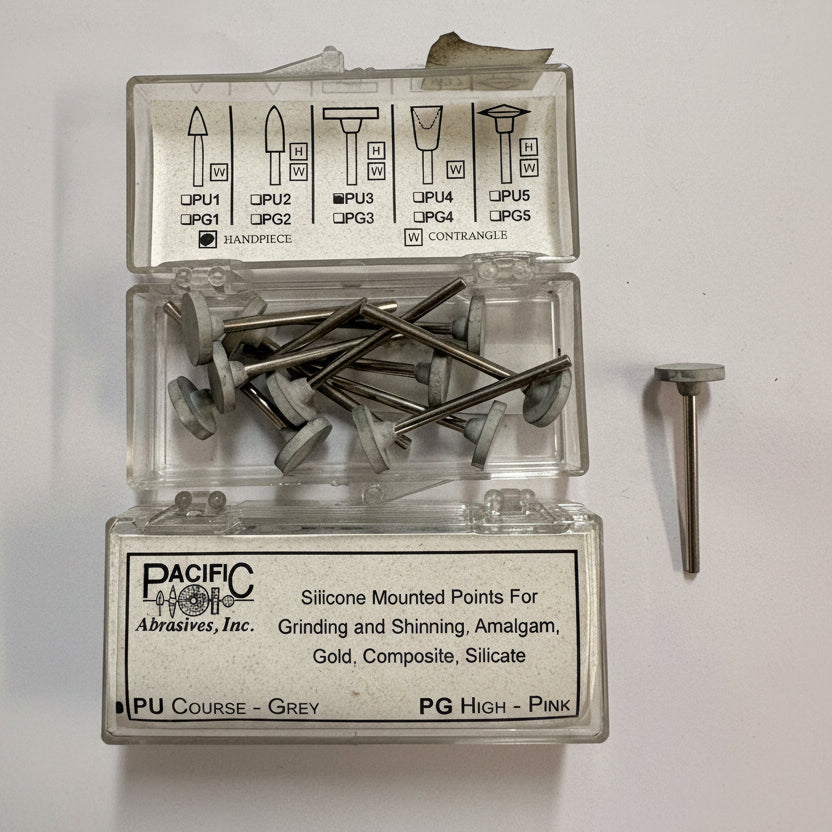 [Pacific Abrasive] Metal/Composite Silicone Polisher - Mounted Points, PU Coarse Grey, PU3 Handpiece (12/box)
