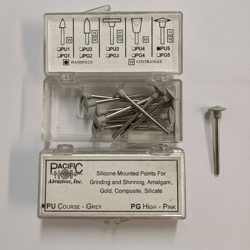 [Pacific Abrasive] Metal/Composite Silicone Polisher - Mounted Points, PU Coarse Grey, PU5 Handpiece (12/box)