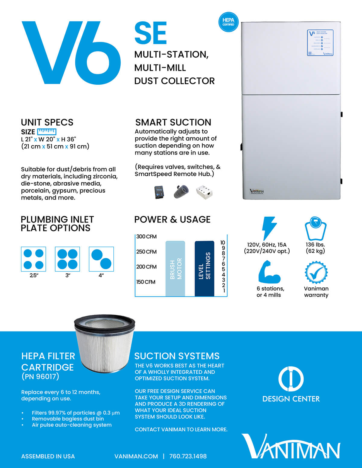 [Vaniman] V6 SE Multi-Station Dust Collector – 10281 (Dust Collectors Special Application) (Plate Size 2.5" - 4 Ports | 3" - 4 Ports | 4" - 2 Ports )